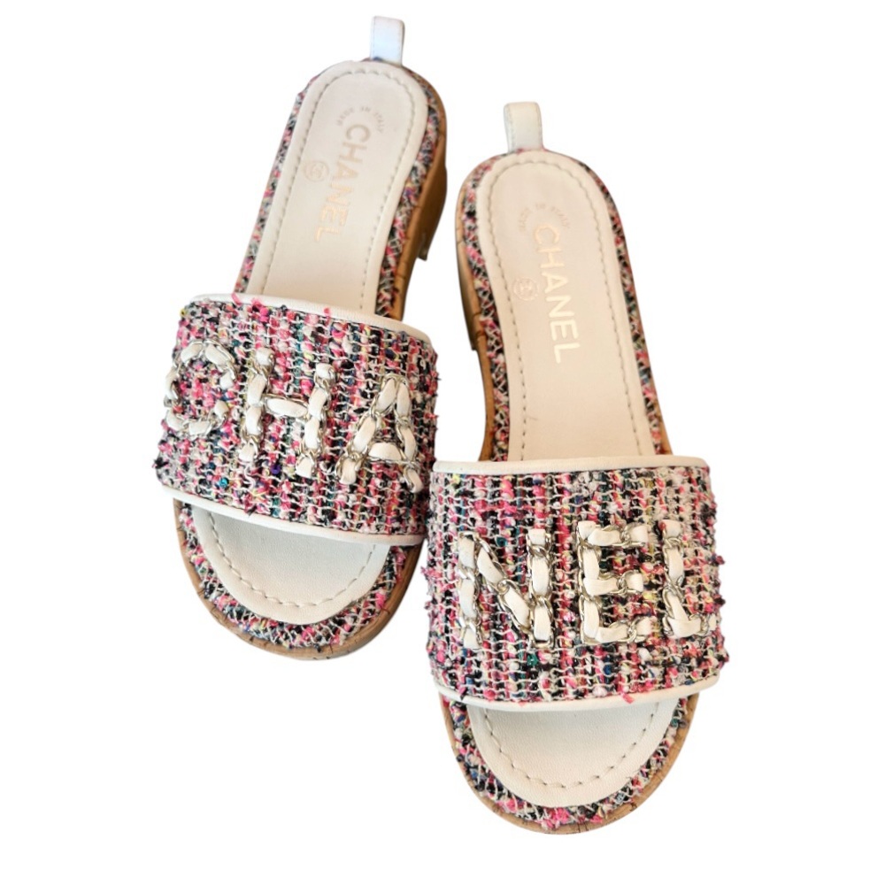 💞"CHA""NEL" Intertwined Leather Chain Tweed Mules Flats Sandals • PINK • 36.5 EU - Picture 2 of 14